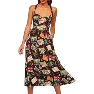 Reformation Brixton Black Postcard Print Midi Dress  Vacation Womens Sz 0